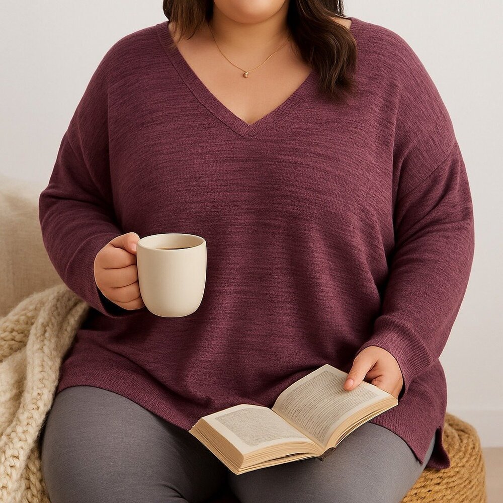 Womens 4X Terra & Sky‎ Plum Purple V-Neck Sweater Oversized Cozycore Knit